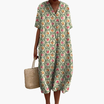 EP | Robe midi manches courtes femme imprimé fleuri col V