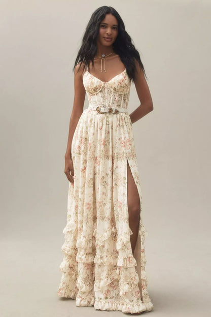 EP | Robe longue style corset avec fines bretelles, ourlet à volants et imprimé floral