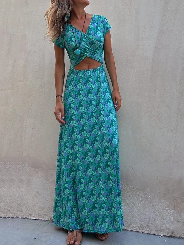EP | Robe maxi stretch à manches courtes, imprimée de fleurs creuses et réversible, encolure en U