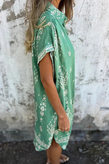 EP | Mélange de lin Impression unique Revers occasionnelle poche Mini-robe