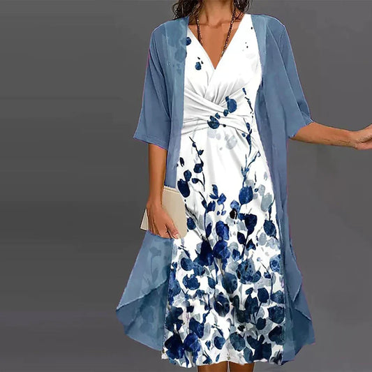 EP | Robe midi avec veste en bleu et blanc pour l'été