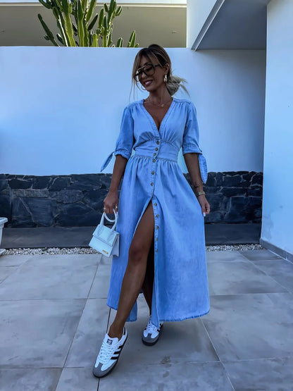 EP | robe maxi stylée et décontractée avec boutons en bleu
