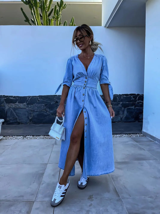 EP | robe maxi stylée et décontractée avec boutons en bleu
