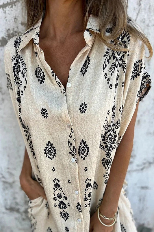 EP | Mélange de lin Impression unique Revers occasionnelle poche Mini-robe