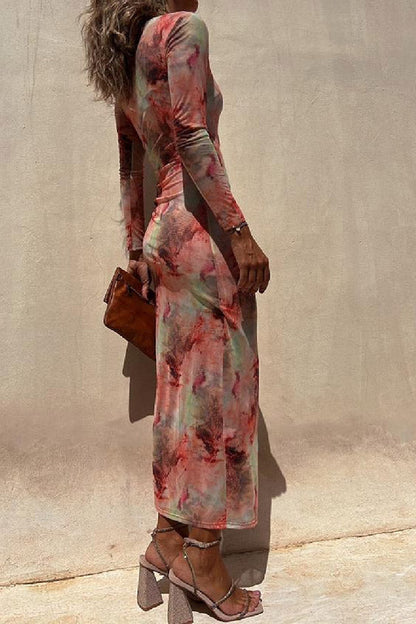 EP | Charm Lady Mesh Overlay Tie Dye Print manches longues ruchées robe midi stretch