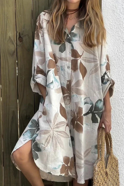 EP | Botanical Print Robe midi ample à manches longues, simple boutonnage, avec poches
