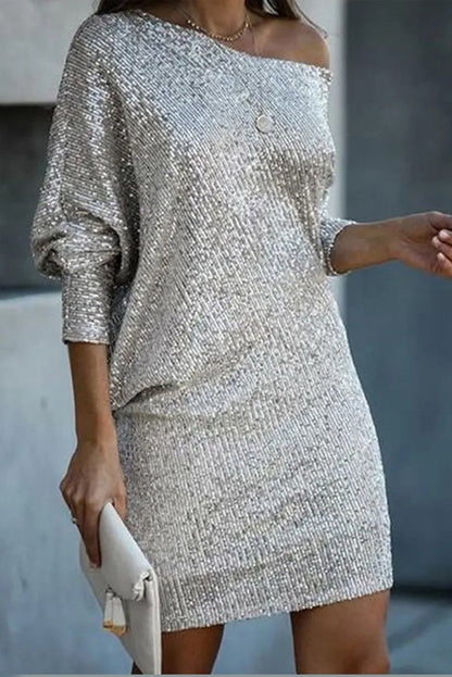 EP | Paillettes solides Off-shoulder Mini Robe en vrac