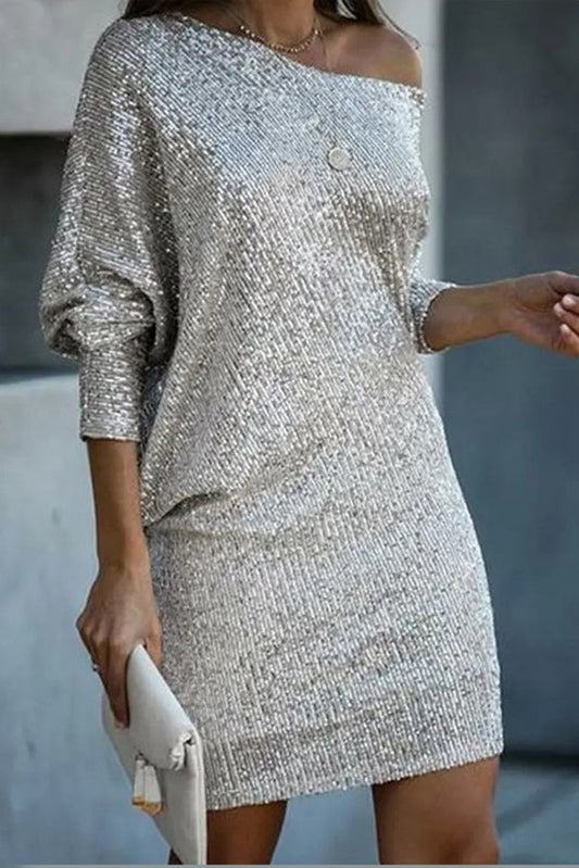 EP | Paillettes solides Off-shoulder Mini Robe en vrac