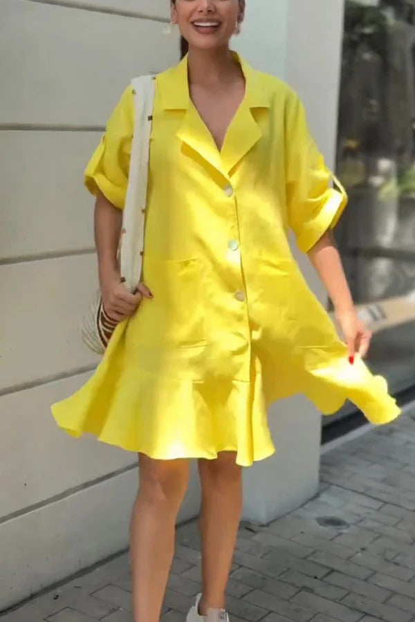 EP | Couleur solide Casual Revers de poche Ruffle Lose Mini Robe