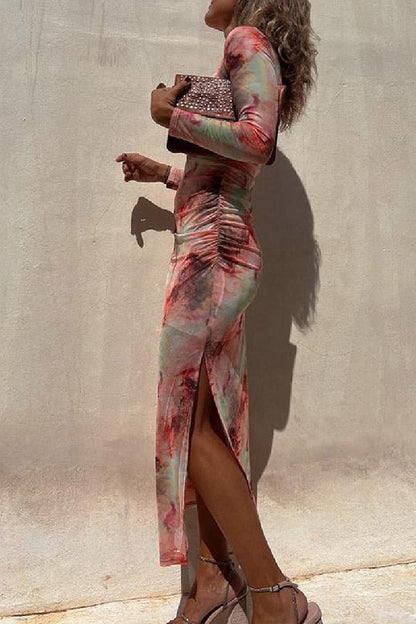 EP | Charm Lady Mesh Overlay Tie Dye Print manches longues ruchées robe midi stretch