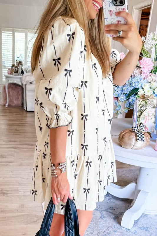 EP | Beige Mignon bowknot imprimé bulle manches col V Mini-robe