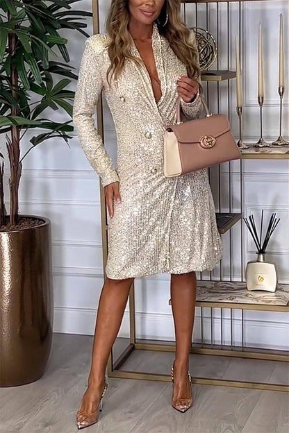 EP | Luxe Feeling Paillettes Bouton Up Robe midi manches longues Blazer