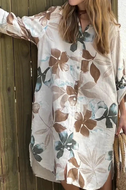 EP | Botanical Print Robe midi ample à manches longues, simple boutonnage, avec poches
