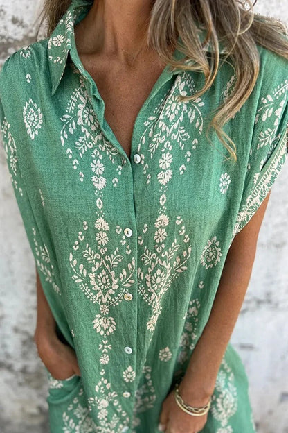 EP | Mélange de lin Impression unique Revers occasionnelle poche Mini-robe