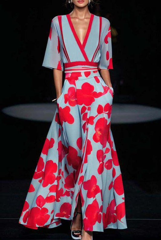 EP | Maxi-robe bleue à fleurs et col en V pour femme