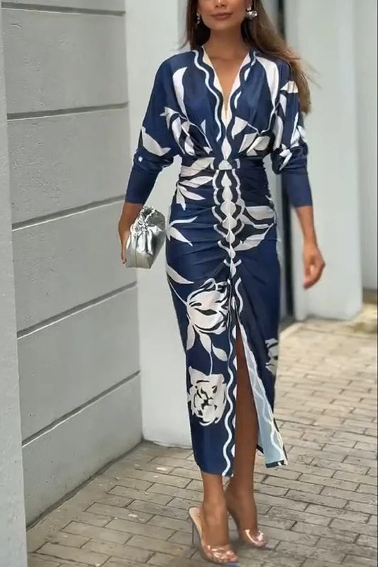 EP | Caliana Imprimé unique Dolman manches longues ruché fente robe midi