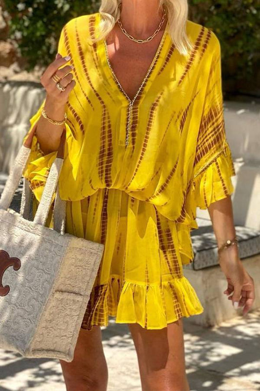 EP | Lemon Flavor Tie Dye Ruffle Batwing Sleeve Elastic Waist Mini-robe de caftan