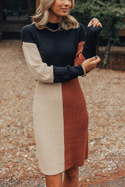EP | Hiver Latte Knit Couleur Bloc Mock Décolleté Pull Mini Robe