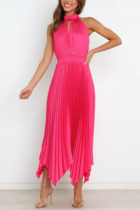 EP | Luxe Look Satin Plissé Halter Taille Elastique Robe Midi