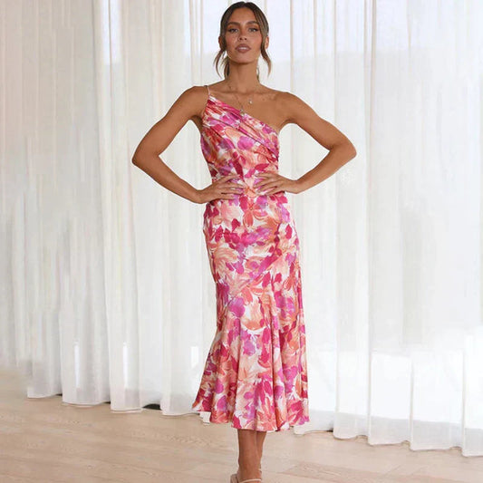 EP | Robe midi asymétrique avec motif floral et une épaule