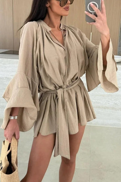 EP | Mélange de lin Molly Tiered Bell Sleeve Tie-up Cover-up Mini-robe