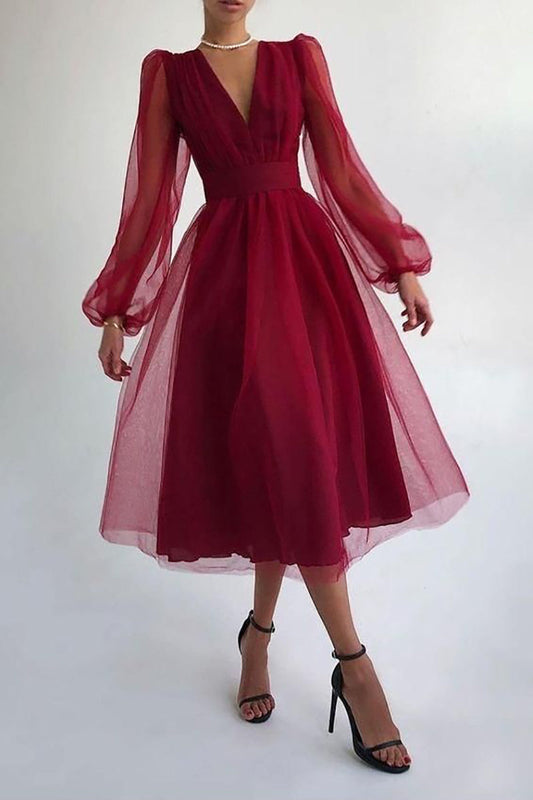 EP | col V tulle robe midi manches longues