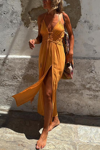 EP | Mélange de lin Taille élastique Halter Dos nu Fente Robe midi