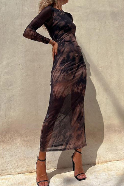 EP | Charm Lady Mesh Overlay Tie Dye Print manches longues ruchées robe midi stretch