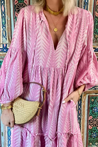 EP | Marrakech Stories Robe midi imprimée en lin mélangé avec manches ballon et poches en ligne A