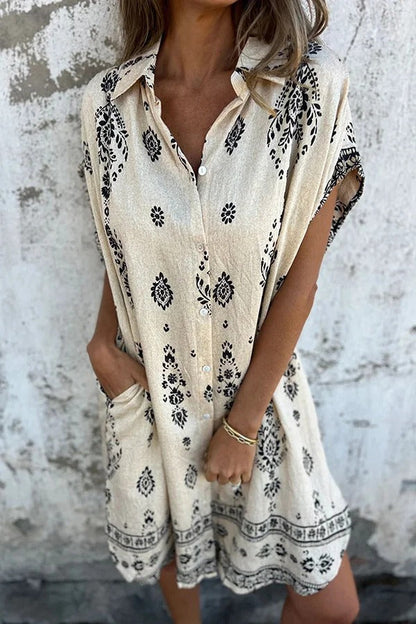 EP | Mélange de lin Impression unique Revers occasionnelle poche Mini-robe