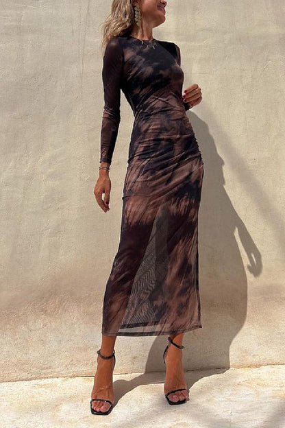 EP | Charm Lady Mesh Overlay Tie Dye Print manches longues ruchées robe midi stretch