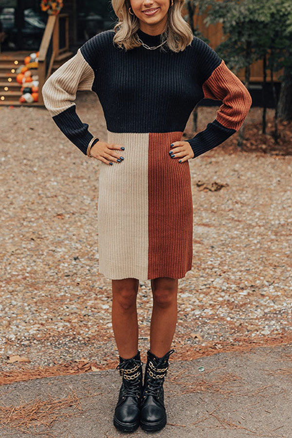 EP | Hiver Latte Knit Couleur Bloc Mock Décolleté Pull Mini Robe