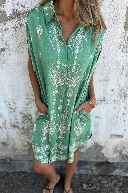 EP | Mélange de lin Impression unique Revers occasionnelle poche Mini-robe