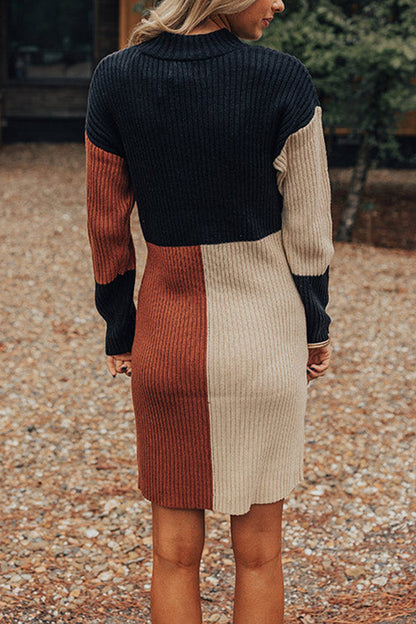 EP | Hiver Latte Knit Couleur Bloc Mock Décolleté Pull Mini Robe