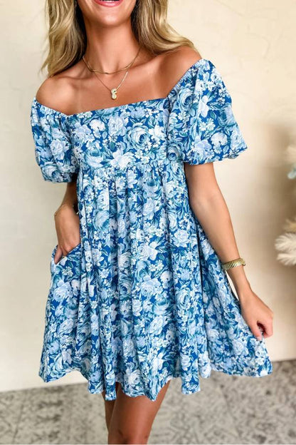 EP | Mini-robe babydoll bleue fleurie avec manches bouffantes