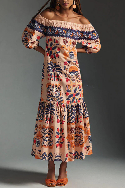 EP | Island Lover Robe midi fluide imprimée, épaules nues