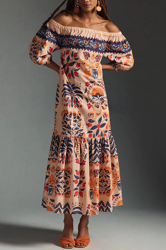 EP | Island Lover Robe midi fluide imprimée, épaules nues