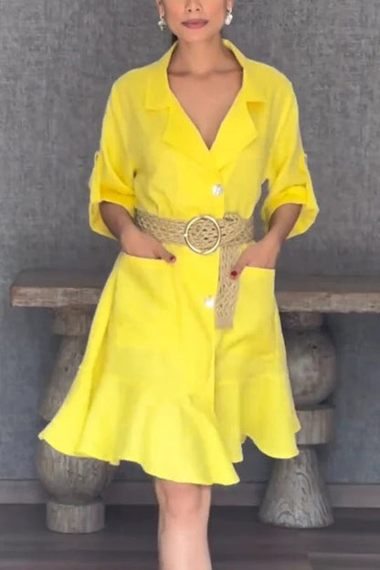 EP | Couleur solide Casual Revers de poche Ruffle Lose Mini Robe