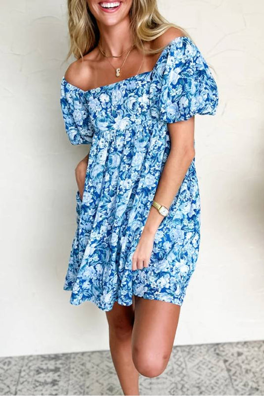EP | Mini-robe babydoll bleue fleurie avec manches bouffantes