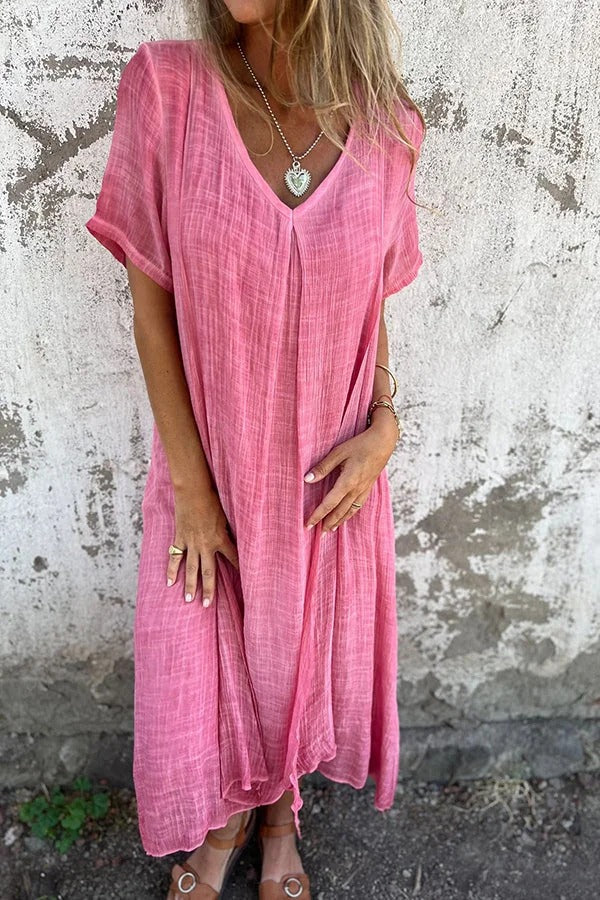 EP | Bayside Bliss mélange lin manches courtes robe midi plissée ample