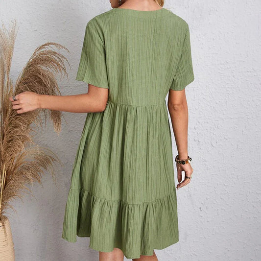 EP | Robe d'été Solid Femmes Casual Bohème V cou manches courtes Ruffles Lâches A Line Mini Robe pour les jours de plage élégante