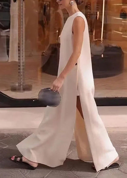 EP | Boho blanc côté ouvert coton A ligne robe sans manches