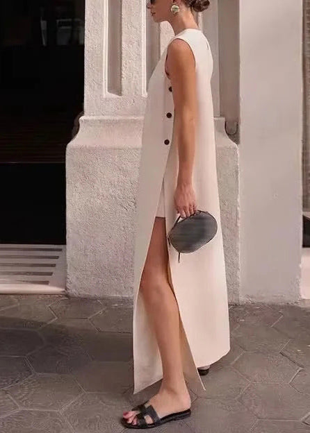 EP | Boho blanc côté ouvert coton A ligne robe sans manches