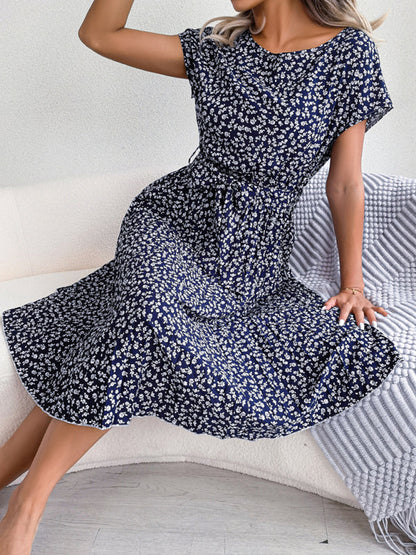 ND | A-Line Fleurie Encolure ronde Robe midi avec ceinture à la taille