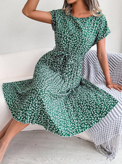 ND | A-Line Fleurie Encolure ronde Robe midi avec ceinture à la taille