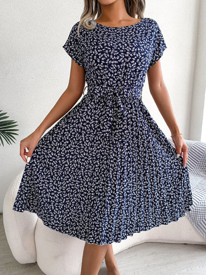ND | A-Line Fleurie Encolure ronde Robe midi avec ceinture à la taille