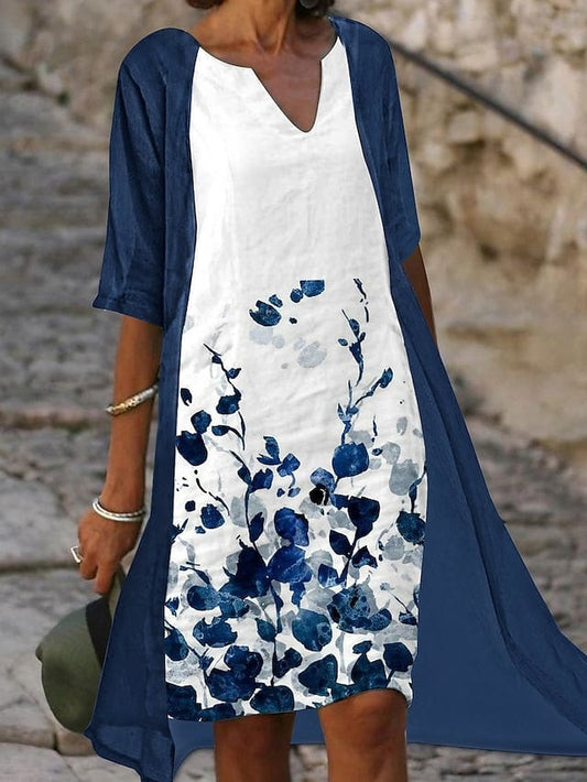 EP | Robe midi deux pièces avec imprimé floral bleu et demi-manches élégantes