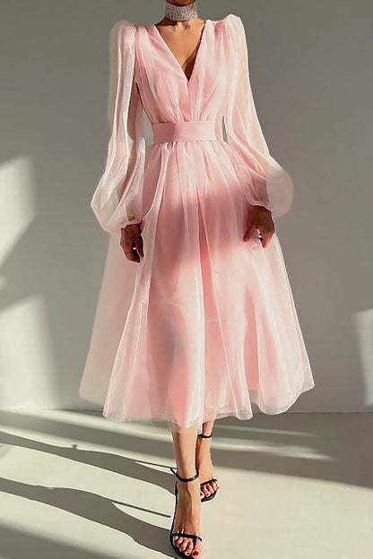 EP | col V tulle robe midi manches longues