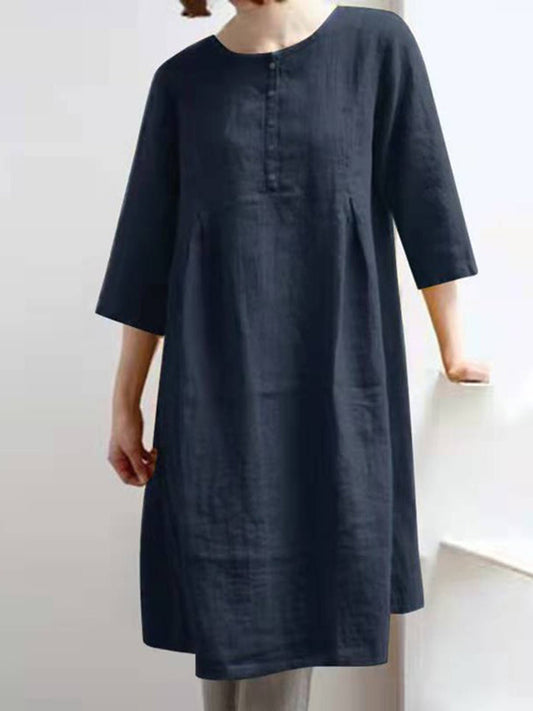 EP | Rétro coton lin solide plissé demi-manche mini-robe