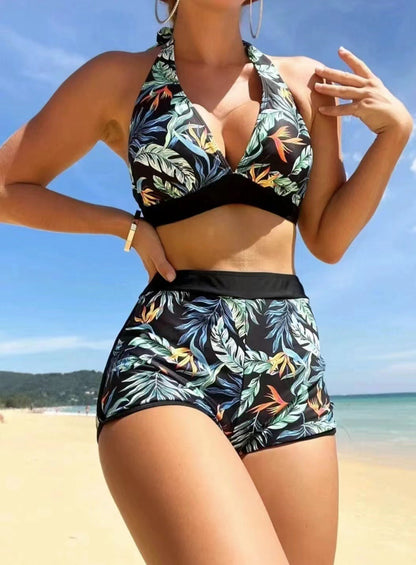 EP mode féminine imprimé feuille sangles divisé maillot de bain bikini